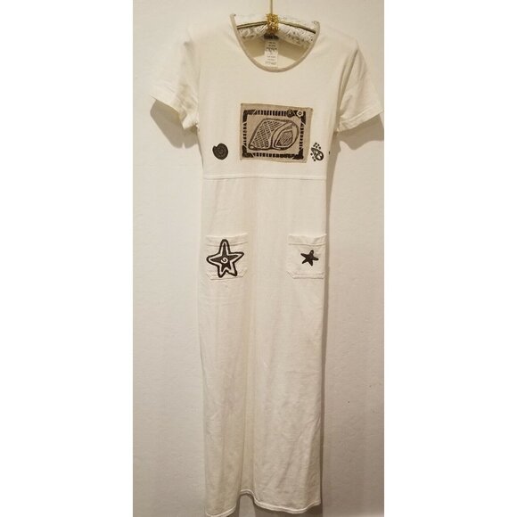 Piccalino Petite White Belted Maxi Dress Size 10P Appliqué Star Pockets Casual - Picture 1 of 7